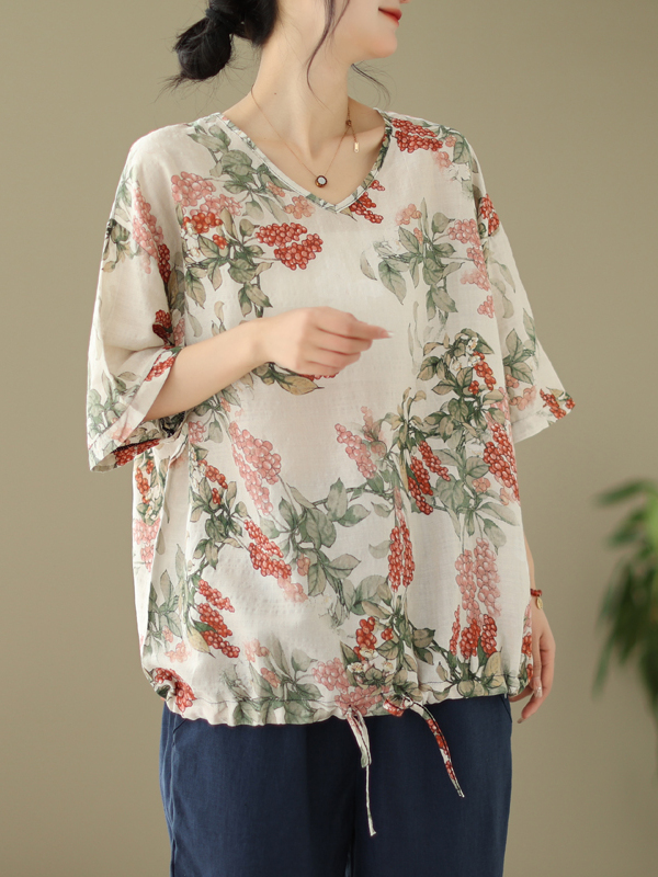 Summer Loose Cotton Linen Prin - Short Linen Drawstring review and price